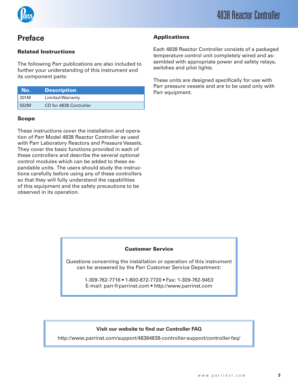 Preface, Related instructions, Scope | Applications, 4838 reactor controller | Parr Instrument 4838 User Manual | Page 3 / 28