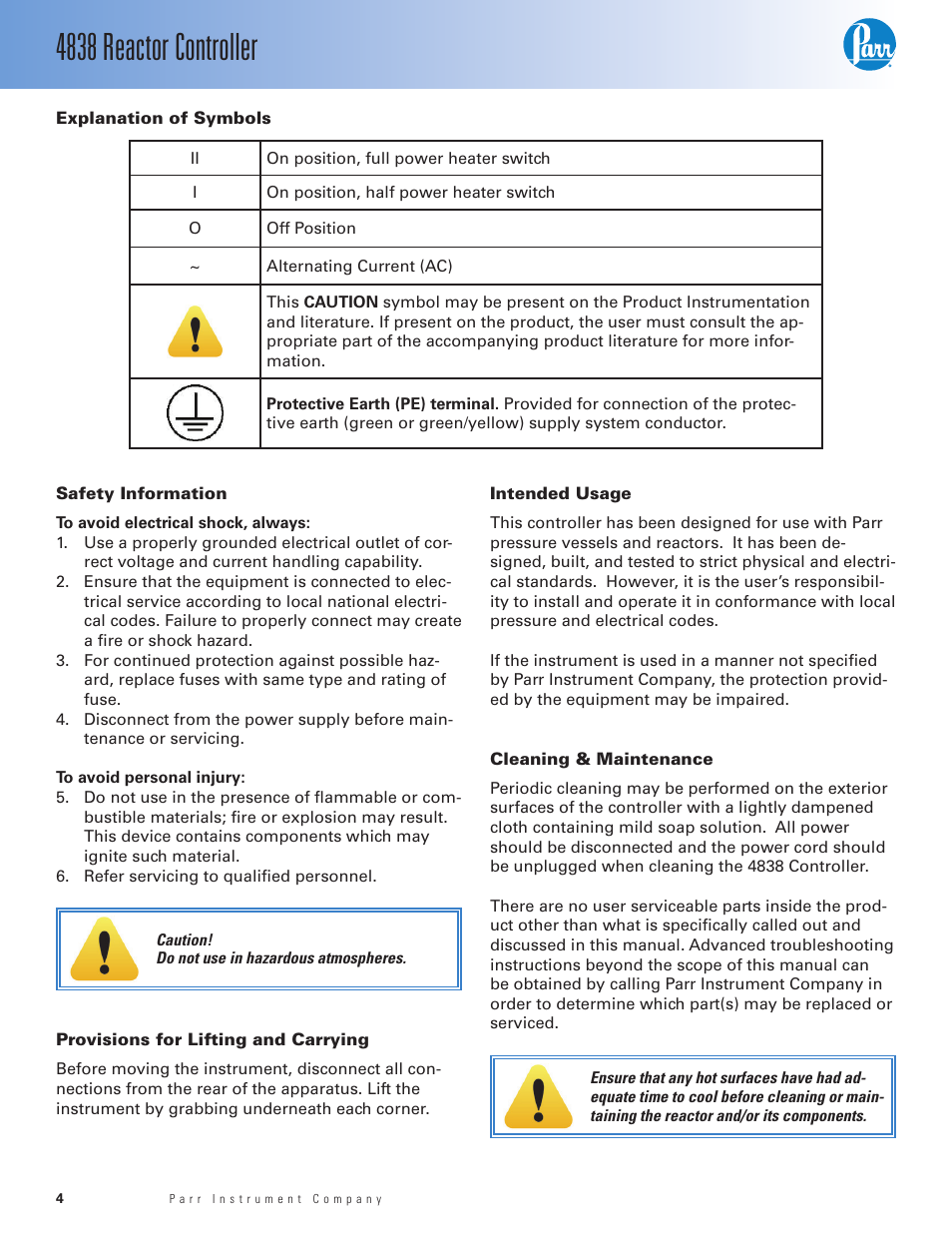 Explanation of symbols, Safety information, Provisions for lifting and carrying | Intended usage, Cleaning & maintenance, 4838 reactor controller | Parr Instrument 4838 User Manual | Page 4 / 28