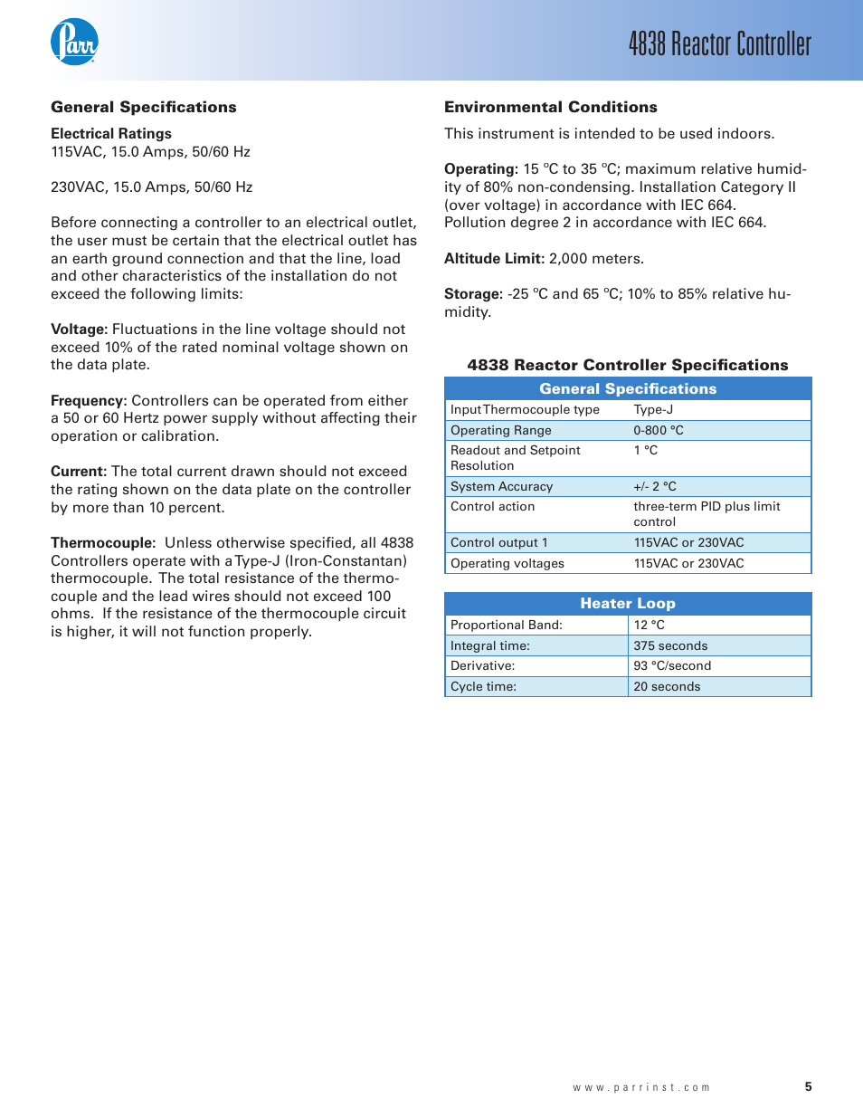 General specifications, Environmental conditions, 4838 reactor controller specifications | 4838 reactor controller | Parr Instrument 4838 User Manual | Page 5 / 28