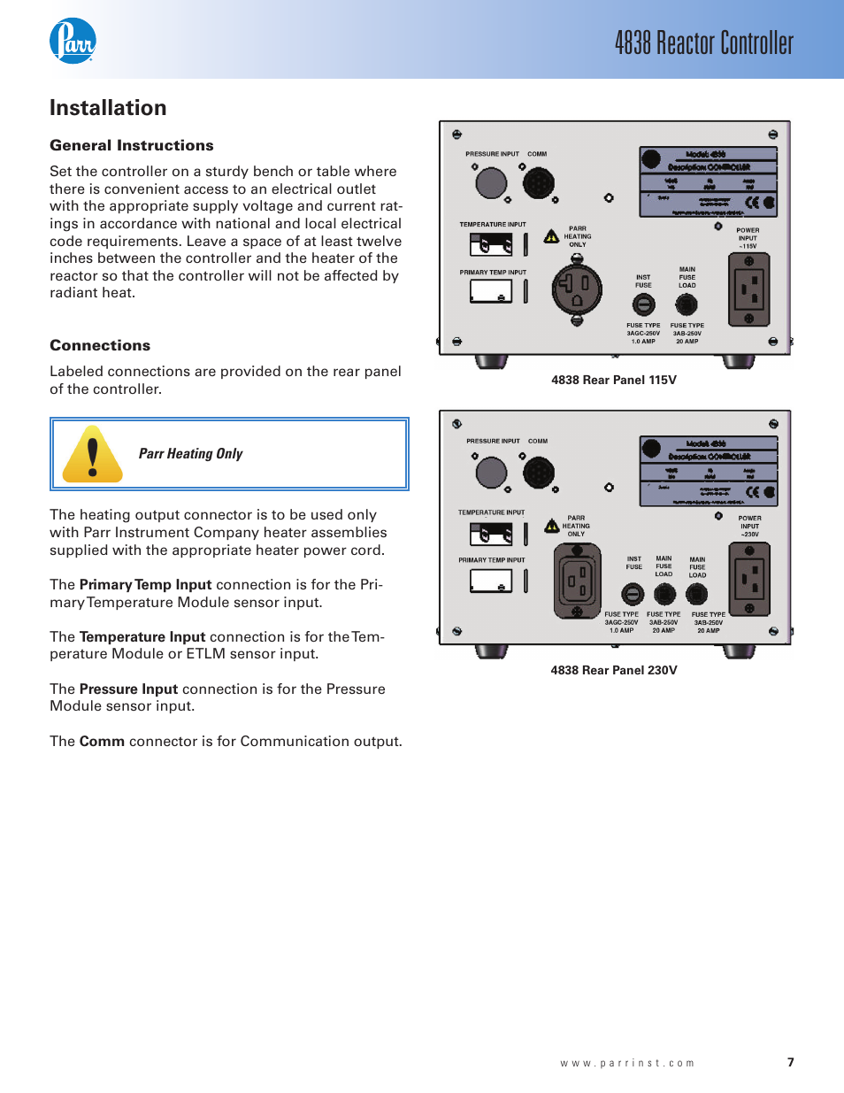 Installation, General instructions, Connections | 4838 reactor controller | Parr Instrument 4838 User Manual | Page 7 / 28