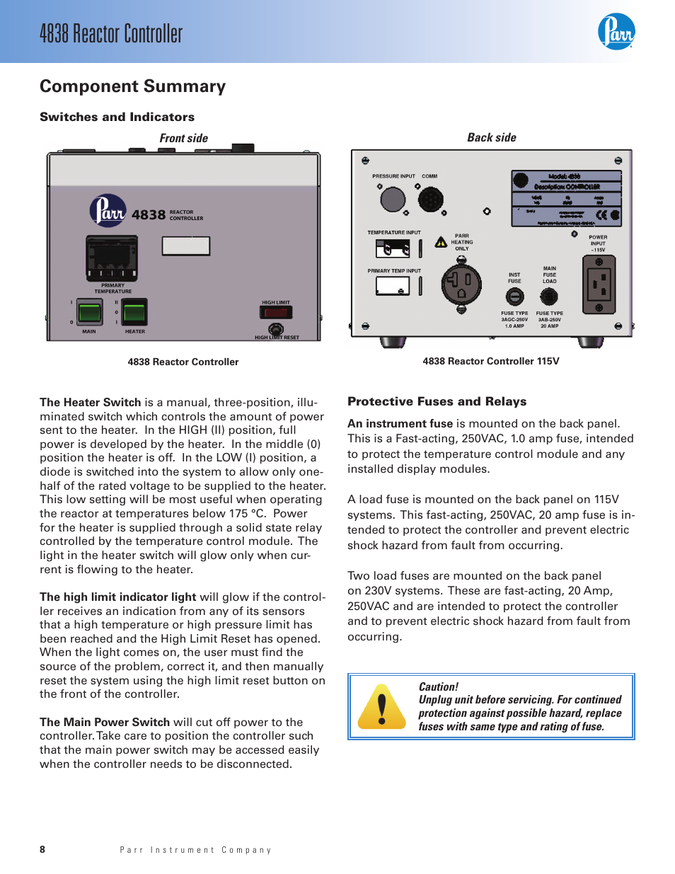 Component summary, Switches and indicators, Protective fuses and relays | 4838 reactor controller | Parr Instrument 4838 User Manual | Page 8 / 28