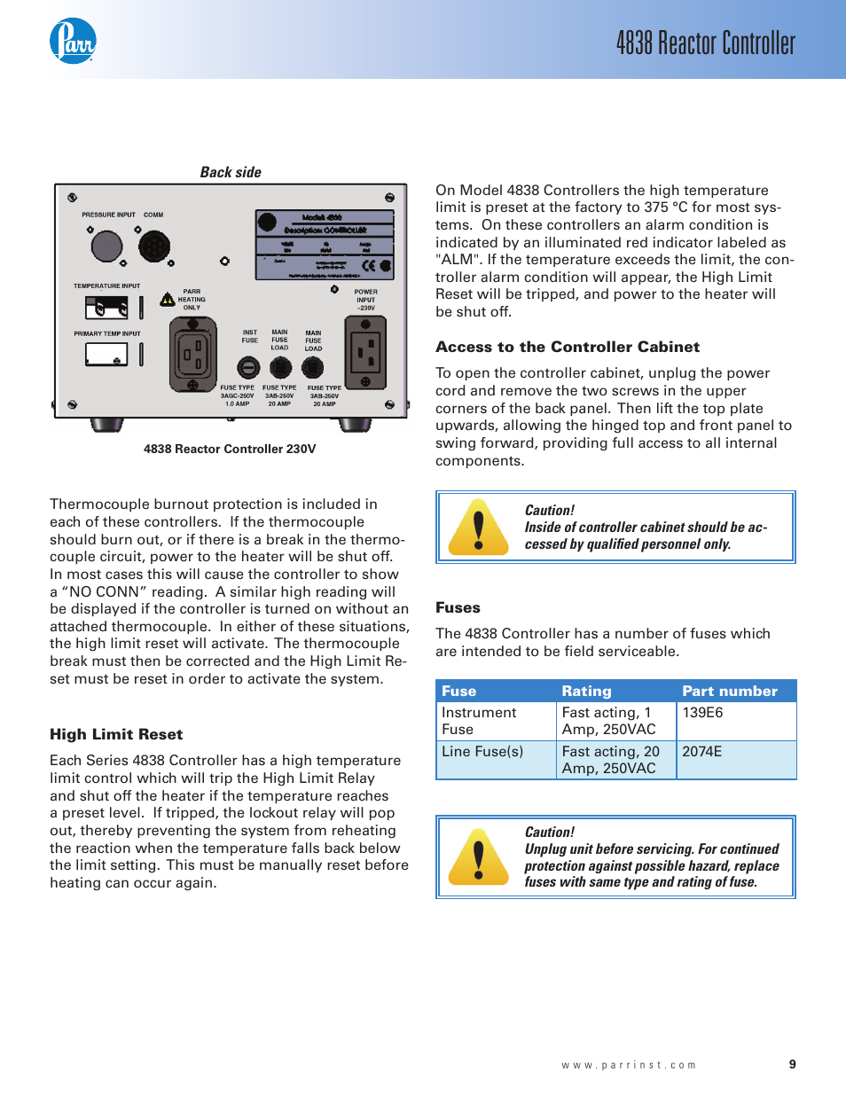 High limit reset, Access to the controller cabinet, Fuses | 4838 reactor controller | Parr Instrument 4838 User Manual | Page 9 / 28