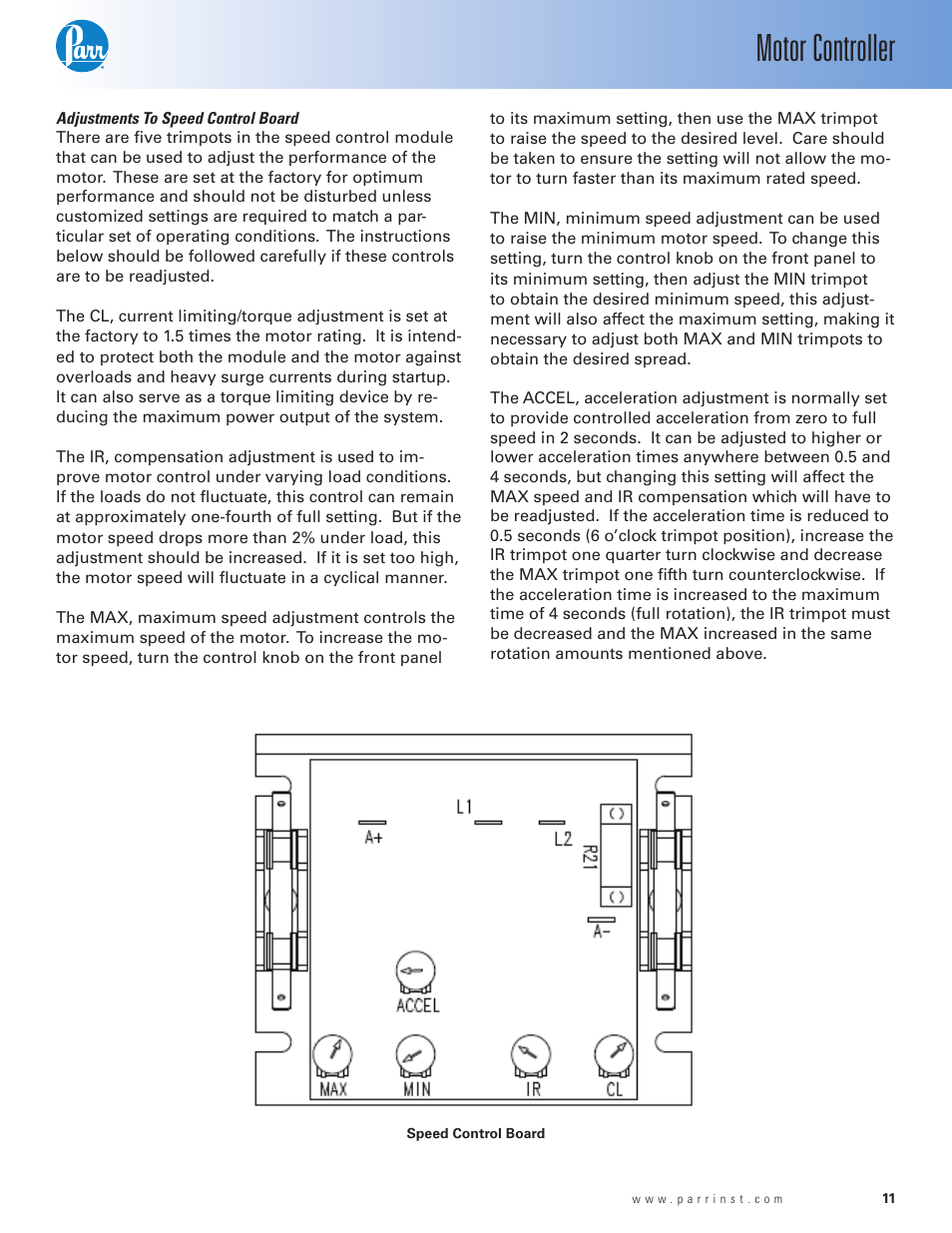 Adjustments to speed control board, Motor controller | Parr Instrument A2110E User Manual | Page 11 / 16