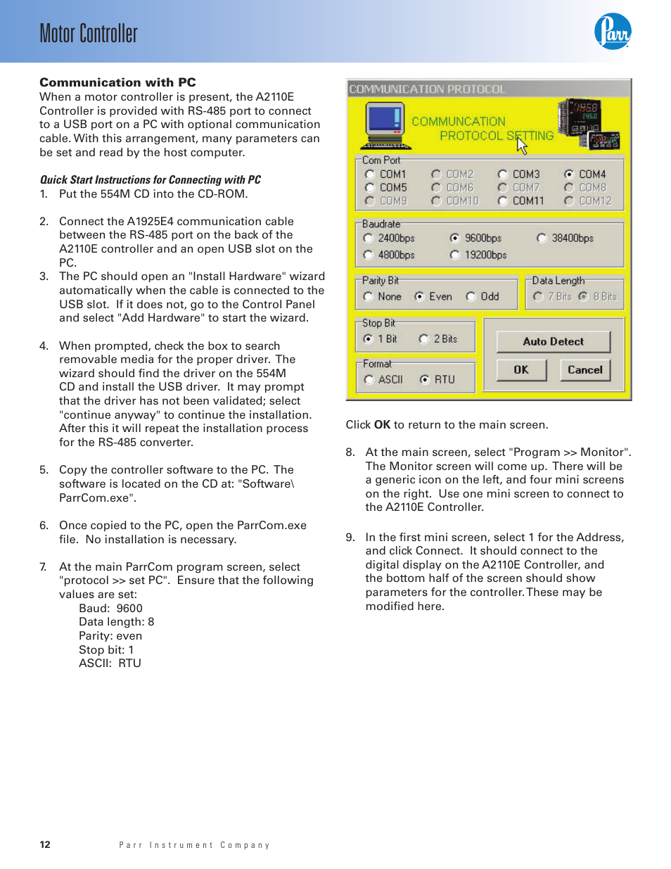 Communication with pc, Quick start instructions for connecting with pc, Motor controller | Parr Instrument A2110E User Manual | Page 12 / 16