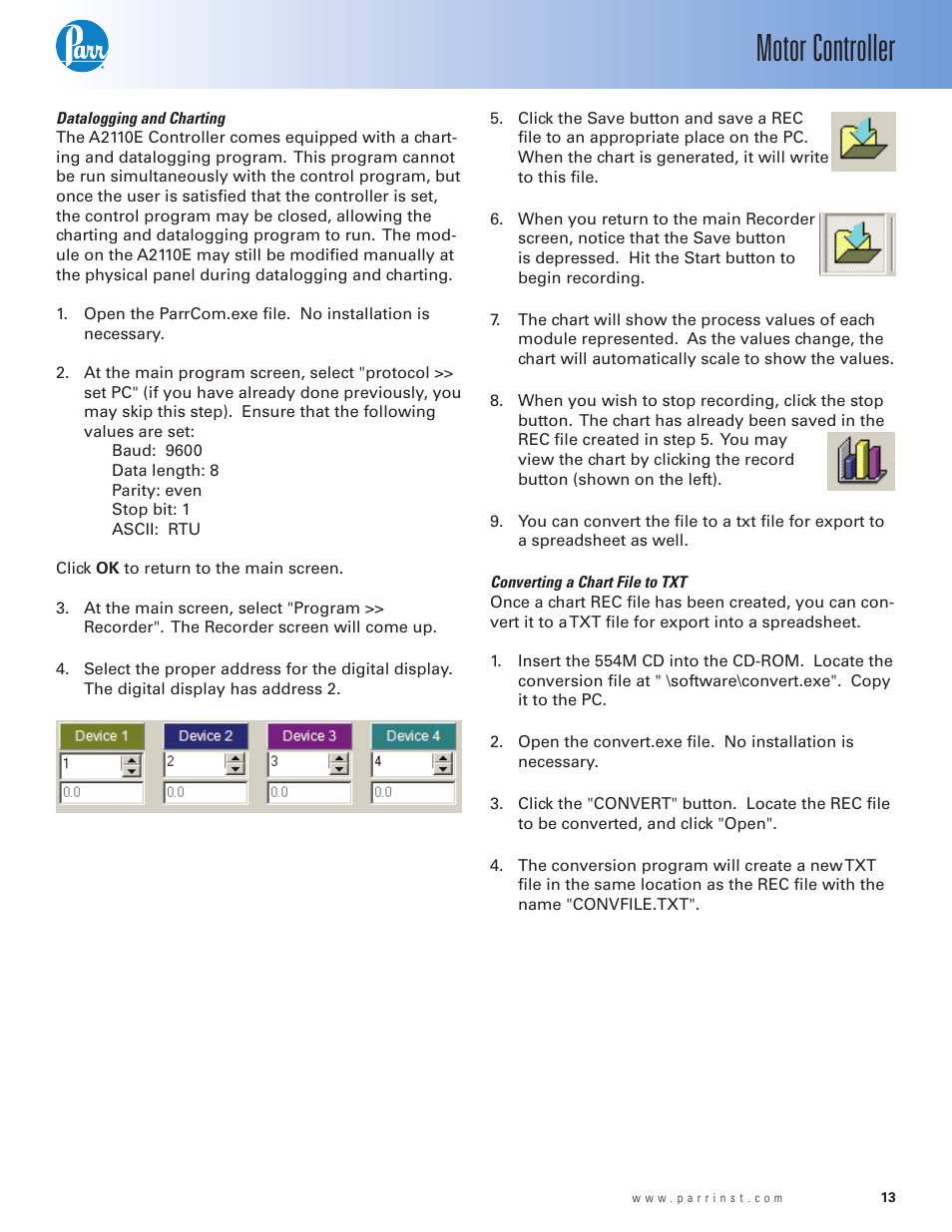 Datalogging and charting, Converting a chart file to txt, Motor controller | Parr Instrument A2110E User Manual | Page 13 / 16