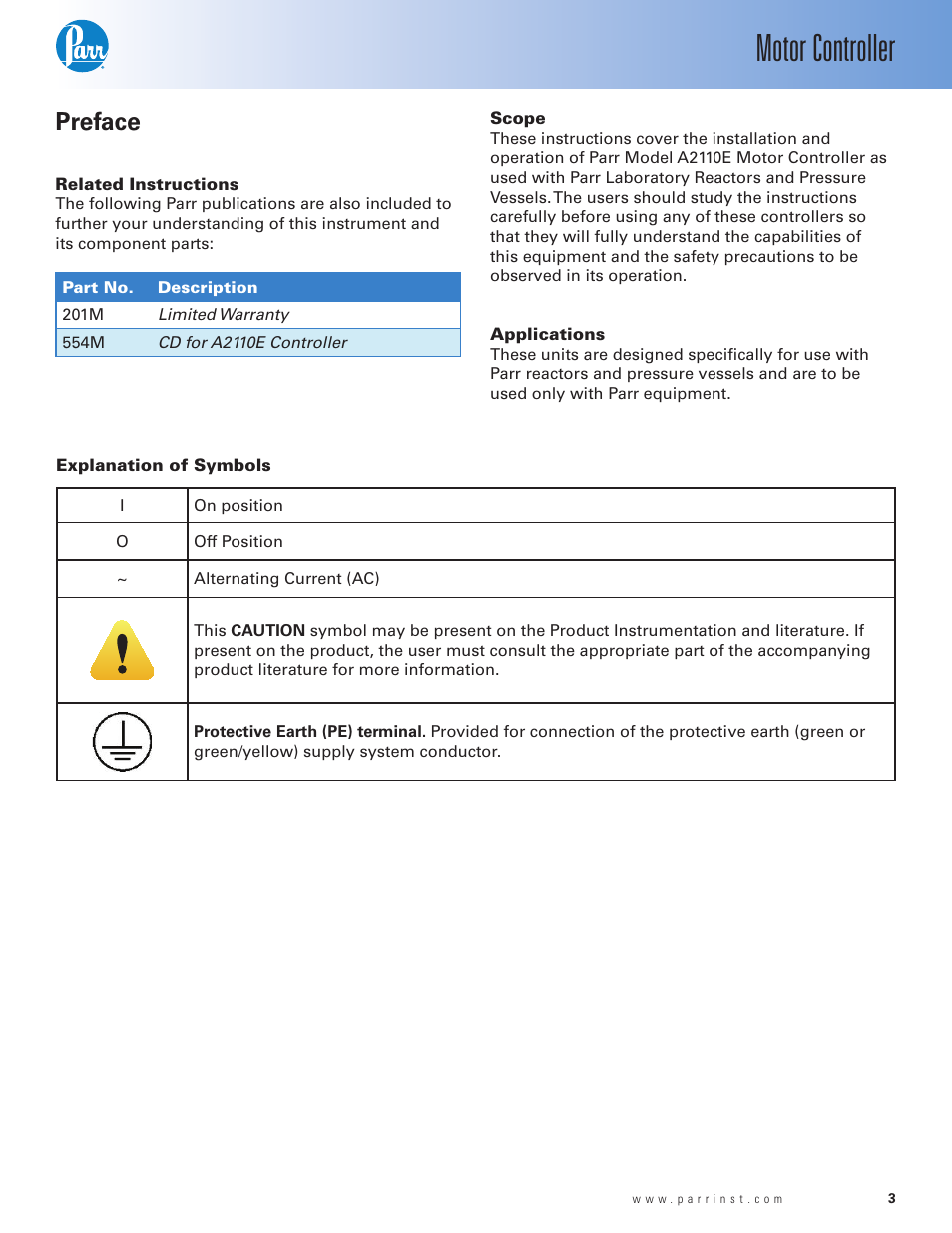 Preface, Related instructions, Scope | Applications, Explanation of symbols, Motor controller | Parr Instrument A2110E User Manual | Page 3 / 16