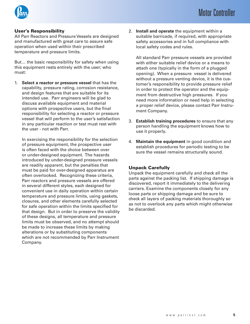 User’s responsibility, Unpack carefully, Motor controller | Parr Instrument A2110E User Manual | Page 5 / 16