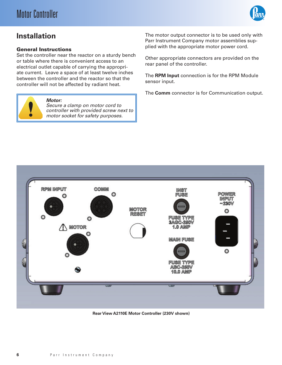 Installation, General instructions, Motor controller | Parr Instrument A2110E User Manual | Page 6 / 16