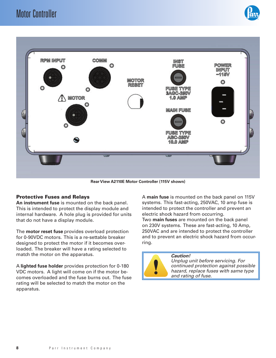 Protective fuses and relays, Motor controller | Parr Instrument A2110E User Manual | Page 8 / 16