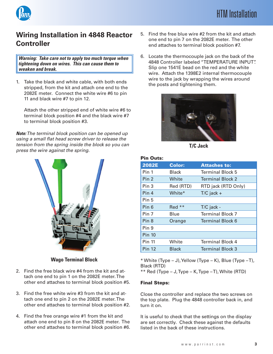 Htm installation, Wiring installation in 4848 reactor controller | Parr Instrument HTM User Manual | Page 3 / 4