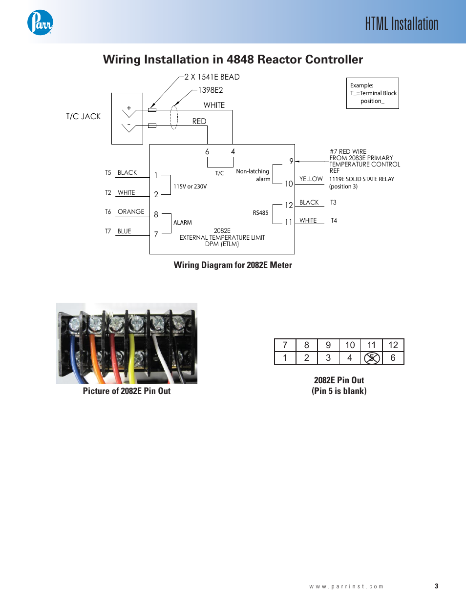 Wiring installation in 4848 reactor controller, Html installation, X2526j | Wiring diagram for 2082e meter | Parr Instrument ETLM-HTML User Manual | Page 3 / 8