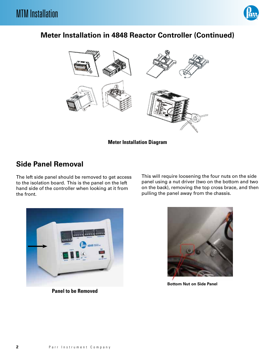Mtm installation, Side panel removal | Parr Instrument MTM User Manual | Page 2 / 8