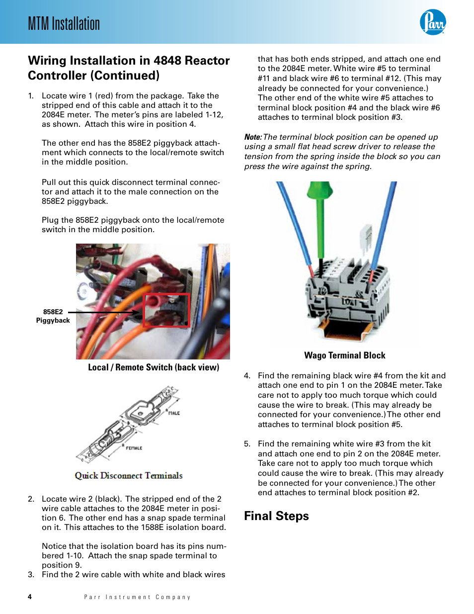 Mtm installation, Final steps | Parr Instrument MTM User Manual | Page 4 / 8