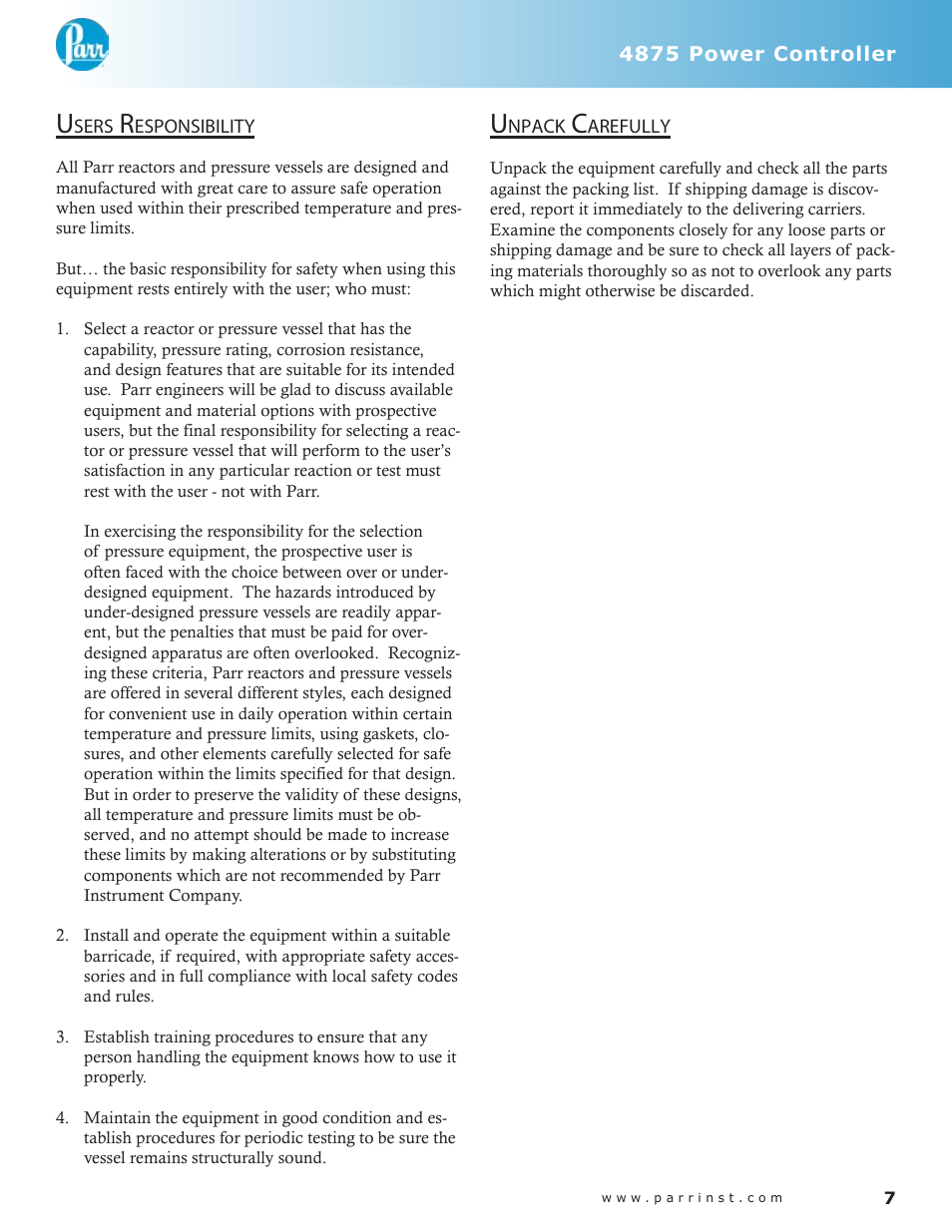 Users responsibility — 7 unpack carefully — 7 | Parr Instrument 4875 User Manual | Page 6 / 10