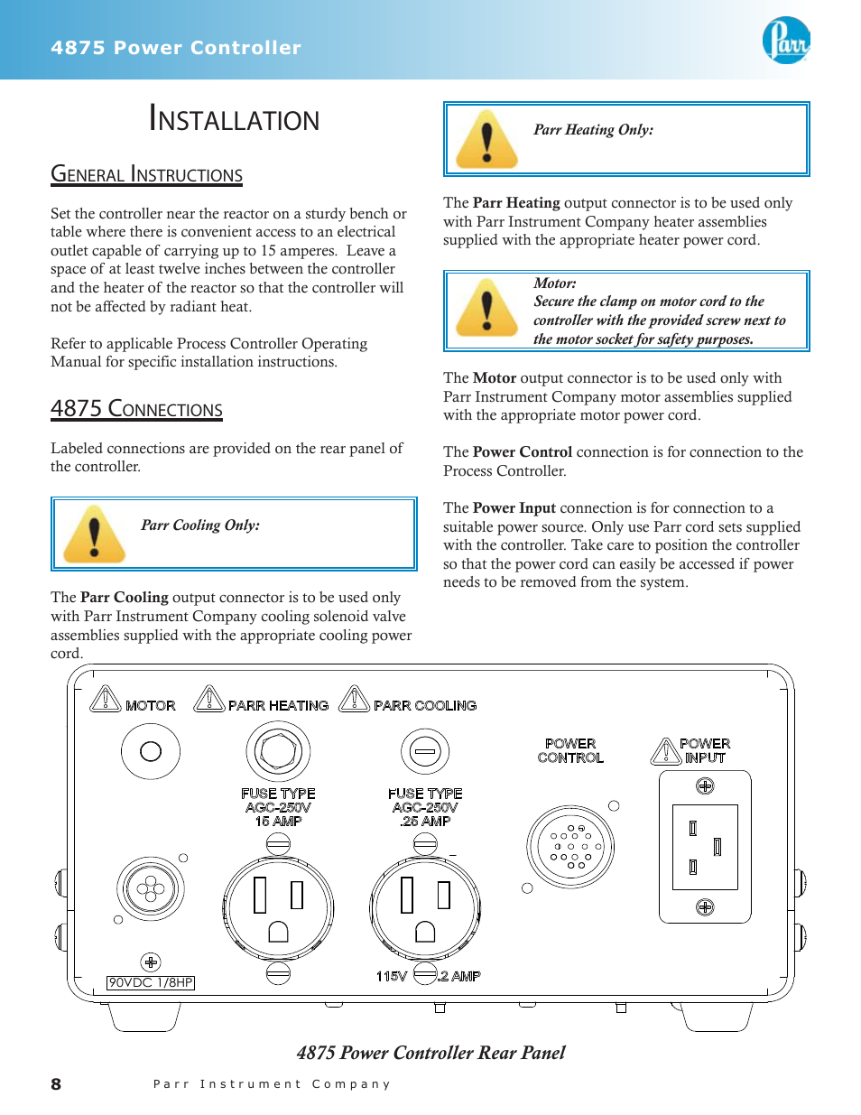 Nstallation, General instructions — 8 4875 connections — 8, 4875 c | R2 r4, 4875 power controller rear panel | Parr Instrument 4875 User Manual | Page 7 / 10