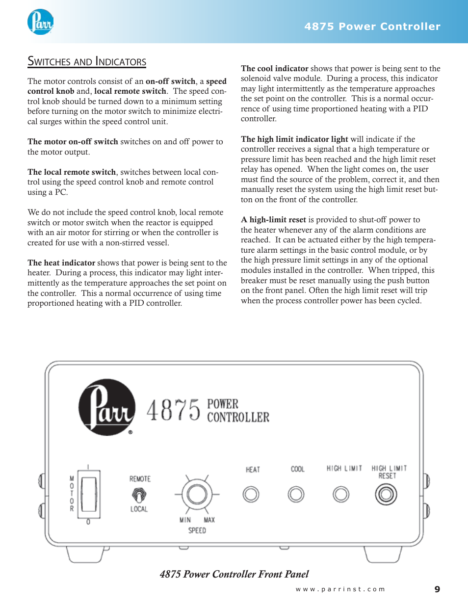Switches and indicators — 9 | Parr Instrument 4875 User Manual | Page 8 / 10