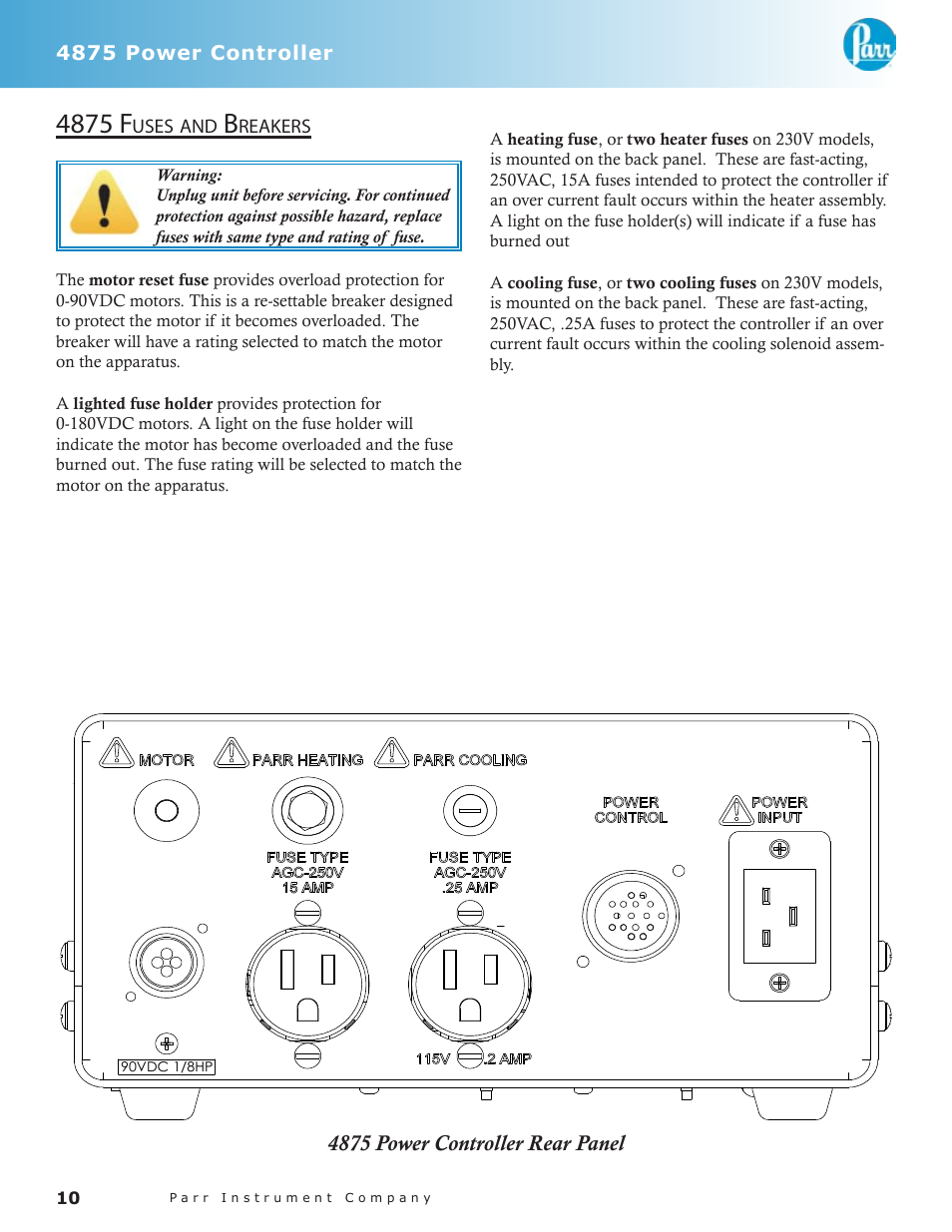 4875 fuses and breakers — 10, 4875 f, R2 r4 | 4875 power controller rear panel, 4875 power controller, Light | Parr Instrument 4875 User Manual | Page 9 / 10