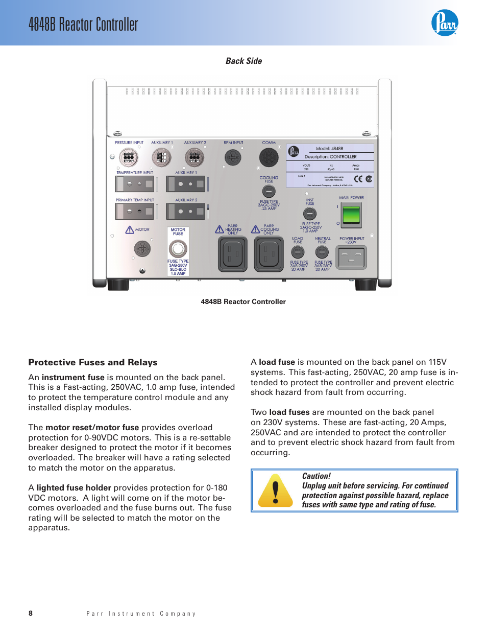 Protective fuses and relays, 4848b reactor controller | Parr Instrument 4848B User Manual | Page 10 / 32