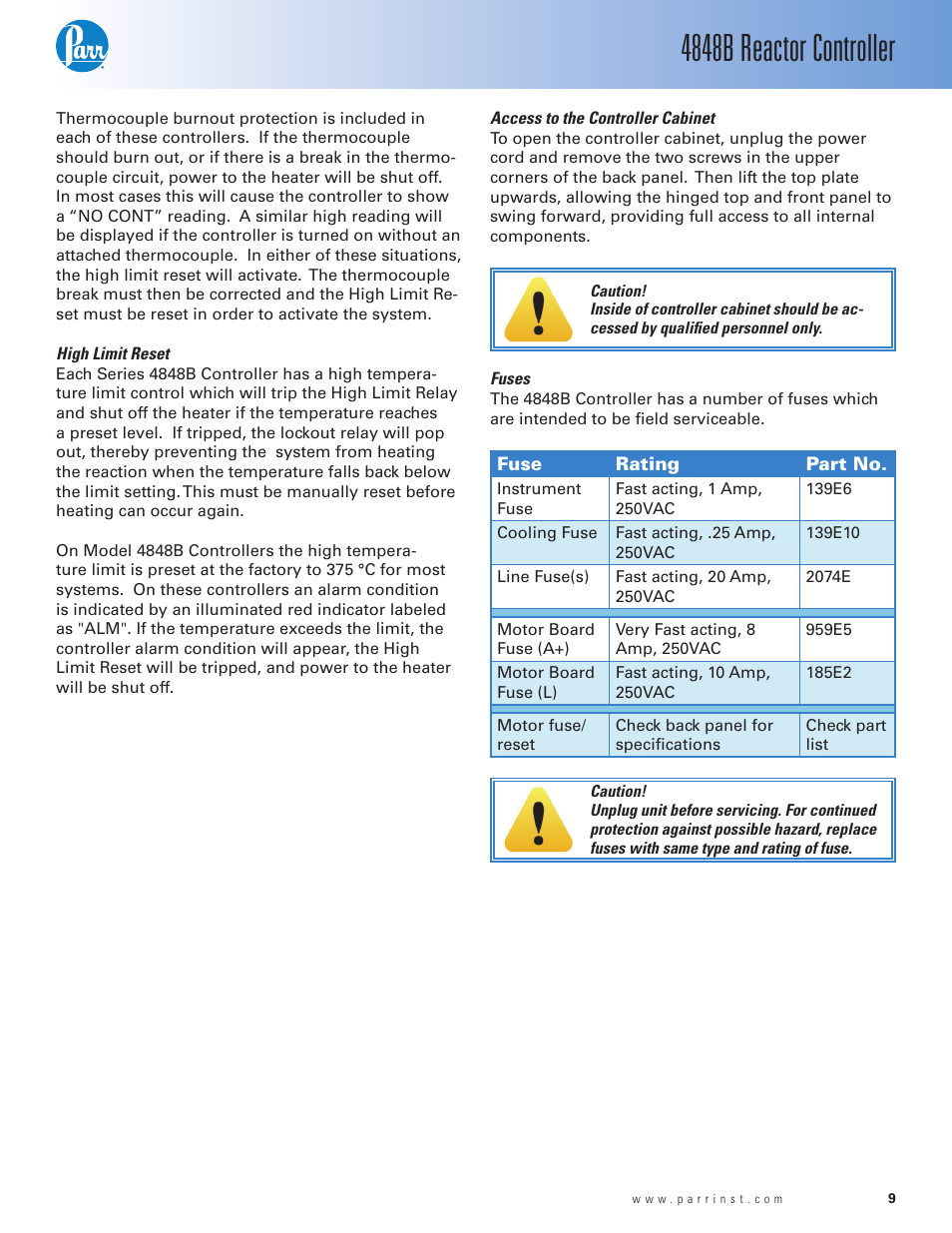 High limit reset, Access to the controller cabinet, Fuses | 4848b reactor controller | Parr Instrument 4848B User Manual | Page 11 / 32