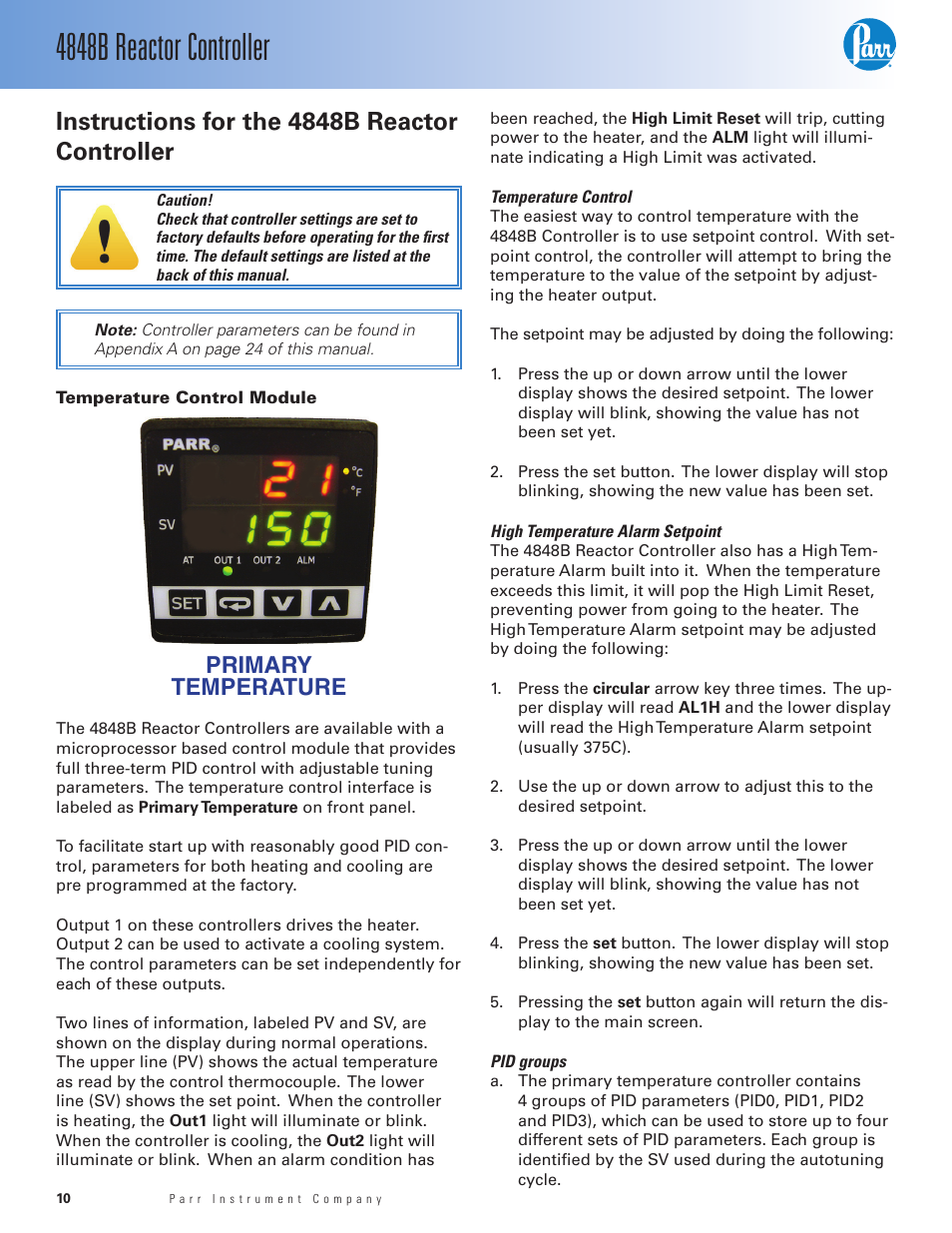 Instructions for the 4848b reactorcontroller, Temperature control module, Temperature control | High temperature alarm setpoint, Pid groups, 4848b reactor controller, Instructions for the 4848b reactor controller, Primary temperature | Parr Instrument 4848B User Manual | Page 12 / 32