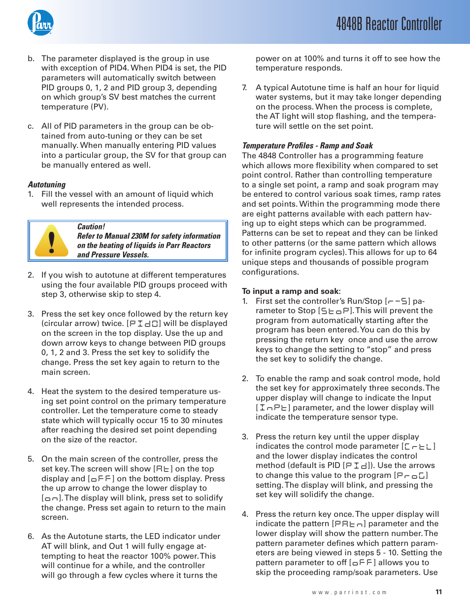 Autotuning, Temperature profiles - ramp and soak, 4848b reactor controller | Parr Instrument 4848B User Manual | Page 13 / 32