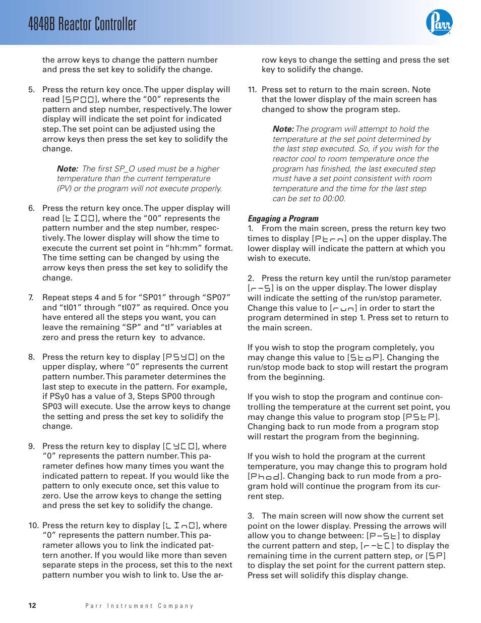 Engaging a program, 4848b reactor controller | Parr Instrument 4848B User Manual | Page 14 / 32