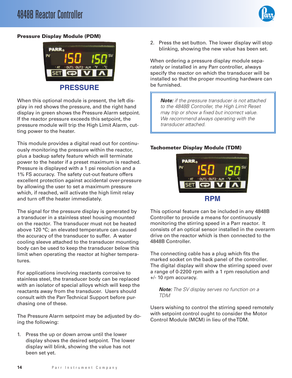 Pressure display module (pdm), Tachometer display module (tdm), 4848b reactor controller | Pressure | Parr Instrument 4848B User Manual | Page 16 / 32