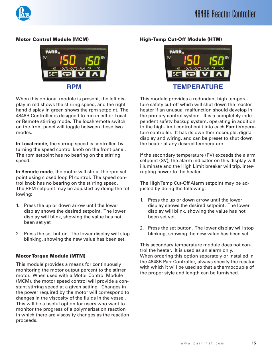 Motor control module (mcm), Motor torque module (mtm), High-temp cut-off module (htm) | 4848b reactor controller, Temperature | Parr Instrument 4848B User Manual | Page 17 / 32
