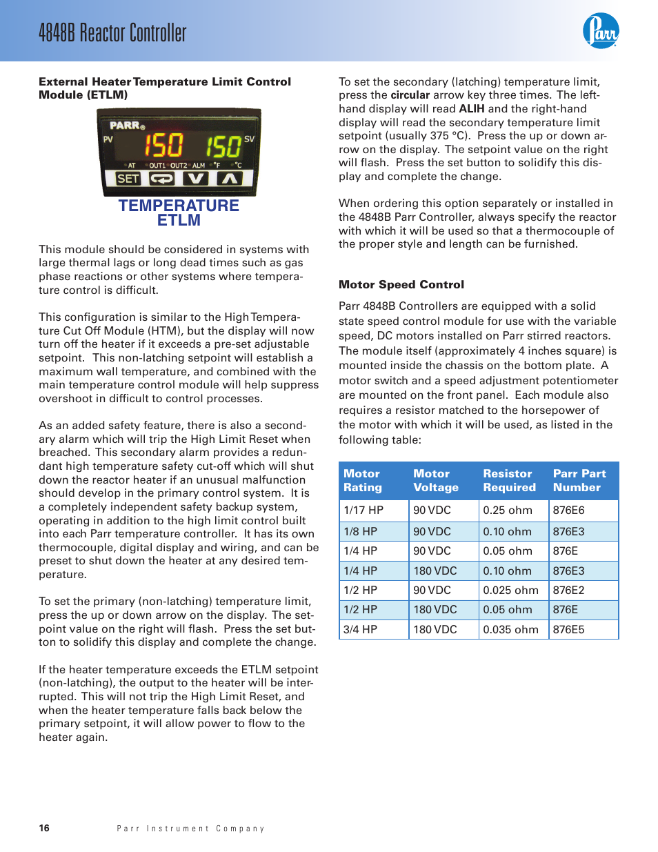 Motor speed control, 4848b reactor controller, Temperature etlm | Parr Instrument 4848B User Manual | Page 18 / 32