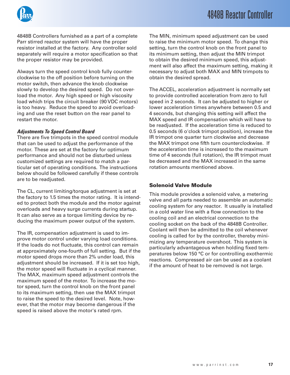 Adjustments to speed control board, Solenoid valve module, 4848b reactor controller | Parr Instrument 4848B User Manual | Page 19 / 32
