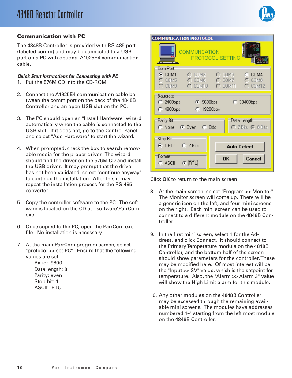 Communication with pc, Quick start instructions for connecting with pc, 4848b reactor controller | Parr Instrument 4848B User Manual | Page 20 / 32