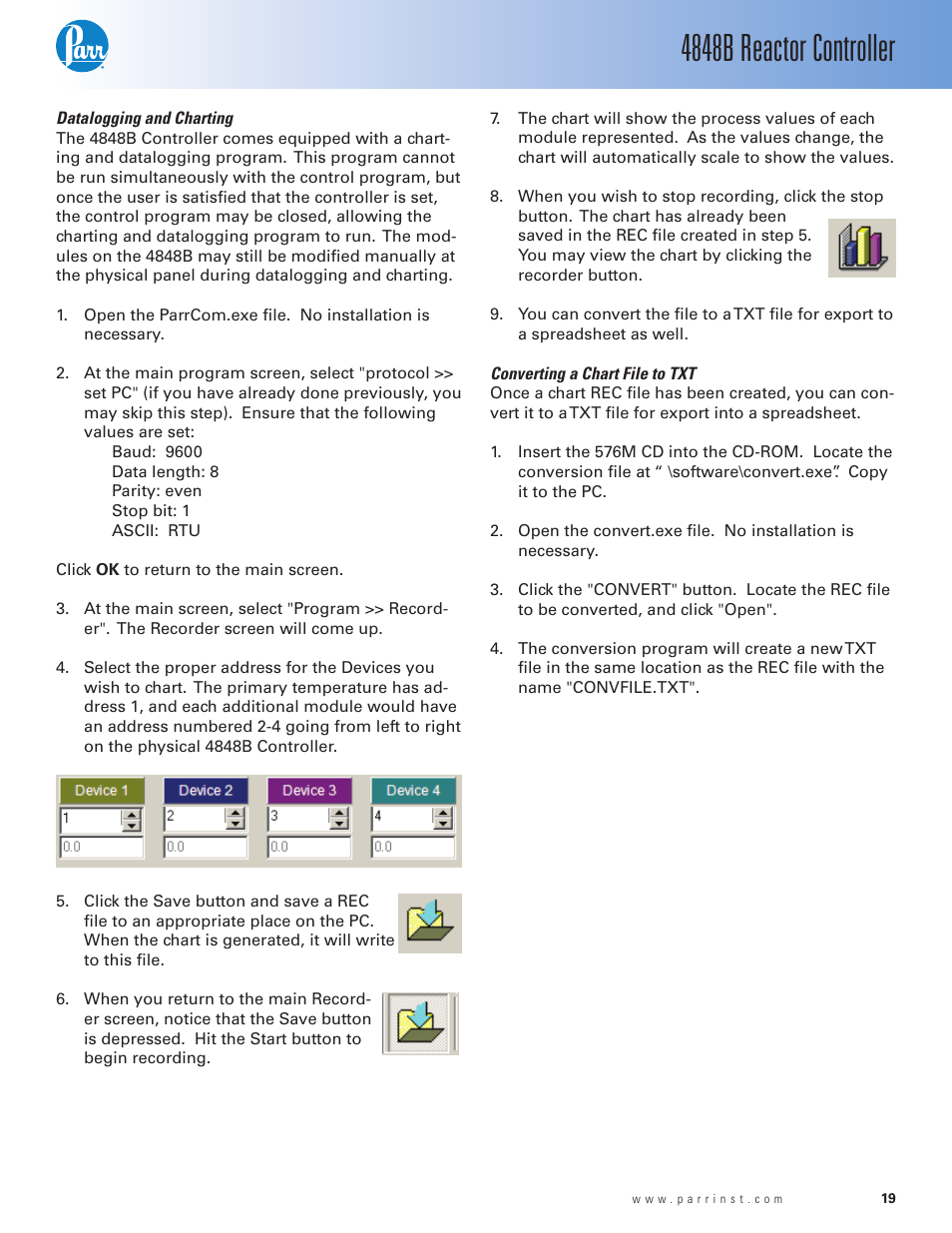Datalogging and charting, Converting a chart file to txt, 4848b reactor controller | Parr Instrument 4848B User Manual | Page 21 / 32
