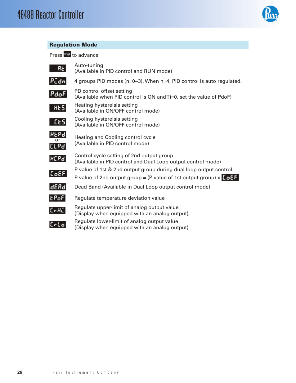 Regulation mode, 4848b reactor controller | Parr Instrument 4848B User Manual | Page 28 / 32