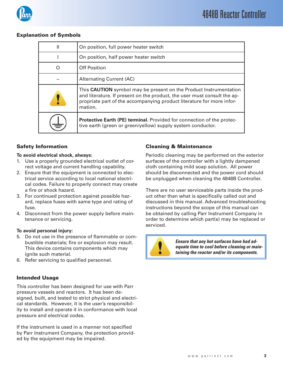 Explanation of symbols, Safety information, Intended usage | Cleaning & maintenance, 4848b reactor controller | Parr Instrument 4848B User Manual | Page 5 / 32