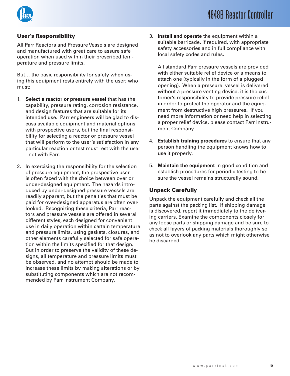 User’s responsibility, Unpack carefully, 4848b reactor controller | Parr Instrument 4848B User Manual | Page 7 / 32