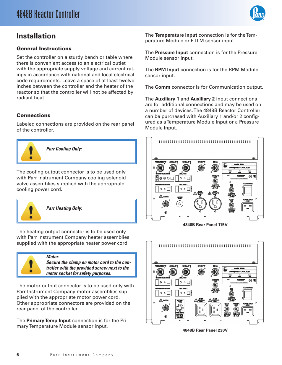 Installation, General instructions, Connections | 4848b reactor controller | Parr Instrument 4848B User Manual | Page 8 / 32