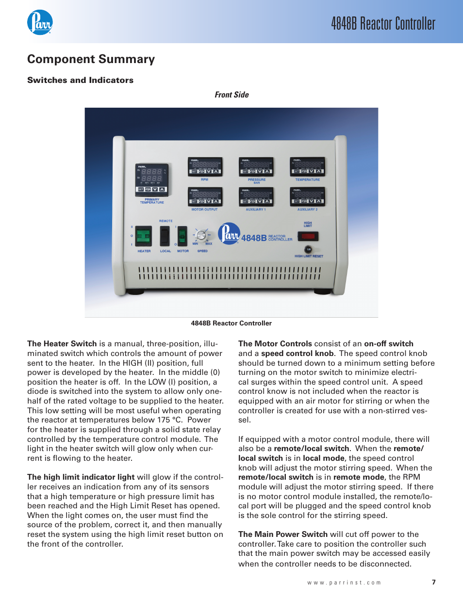 Component summary, Switches and indicators, 4848b reactor controller | Parr Instrument 4848B User Manual | Page 9 / 32