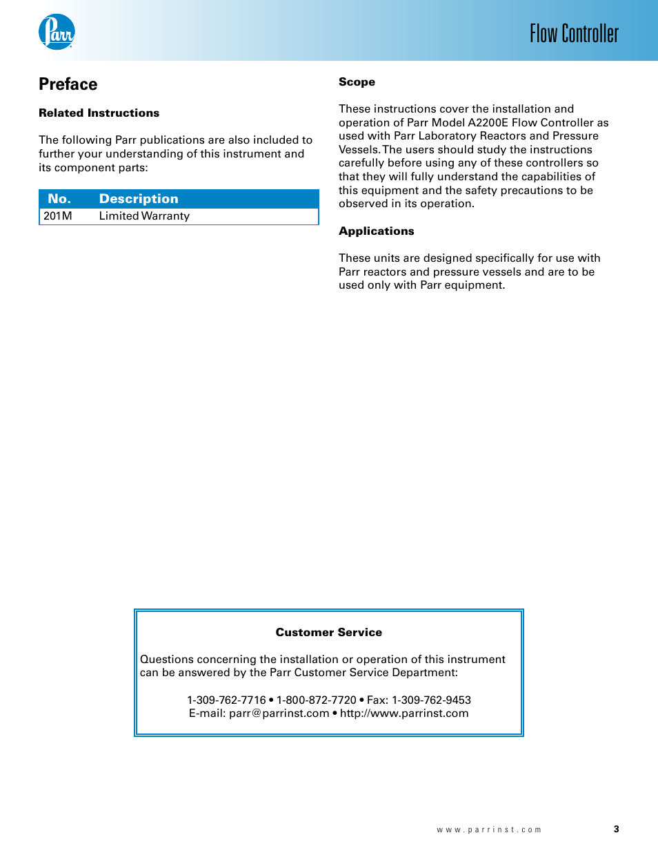 Preface, Related instructions, Scope | Applications, Customer service, Flow controller | Parr Instrument Model A2200E User Manual | Page 3 / 11