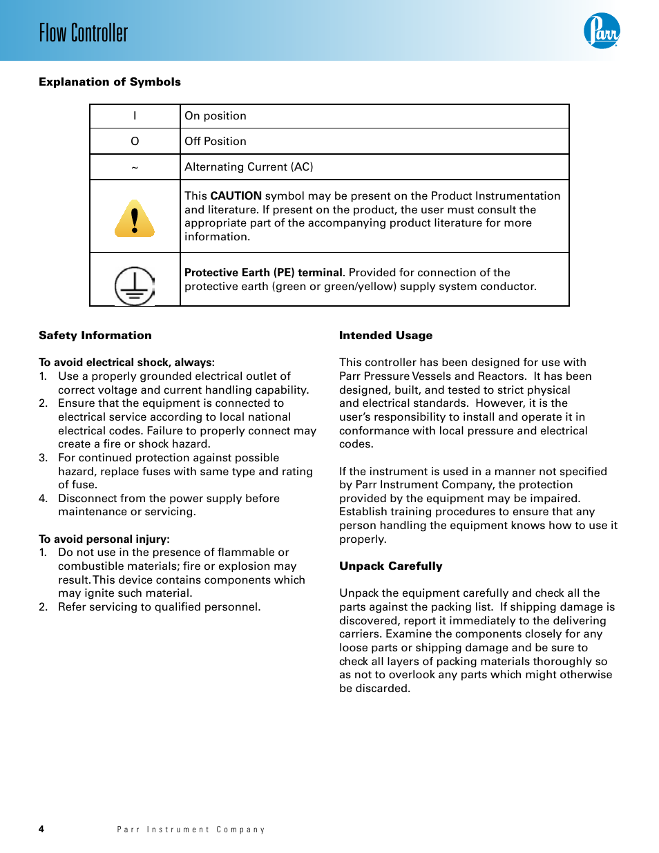 Explanation of symbols, Safety information, Intended usage | Unpack carefully, Flow controller | Parr Instrument Model A2200E User Manual | Page 4 / 11