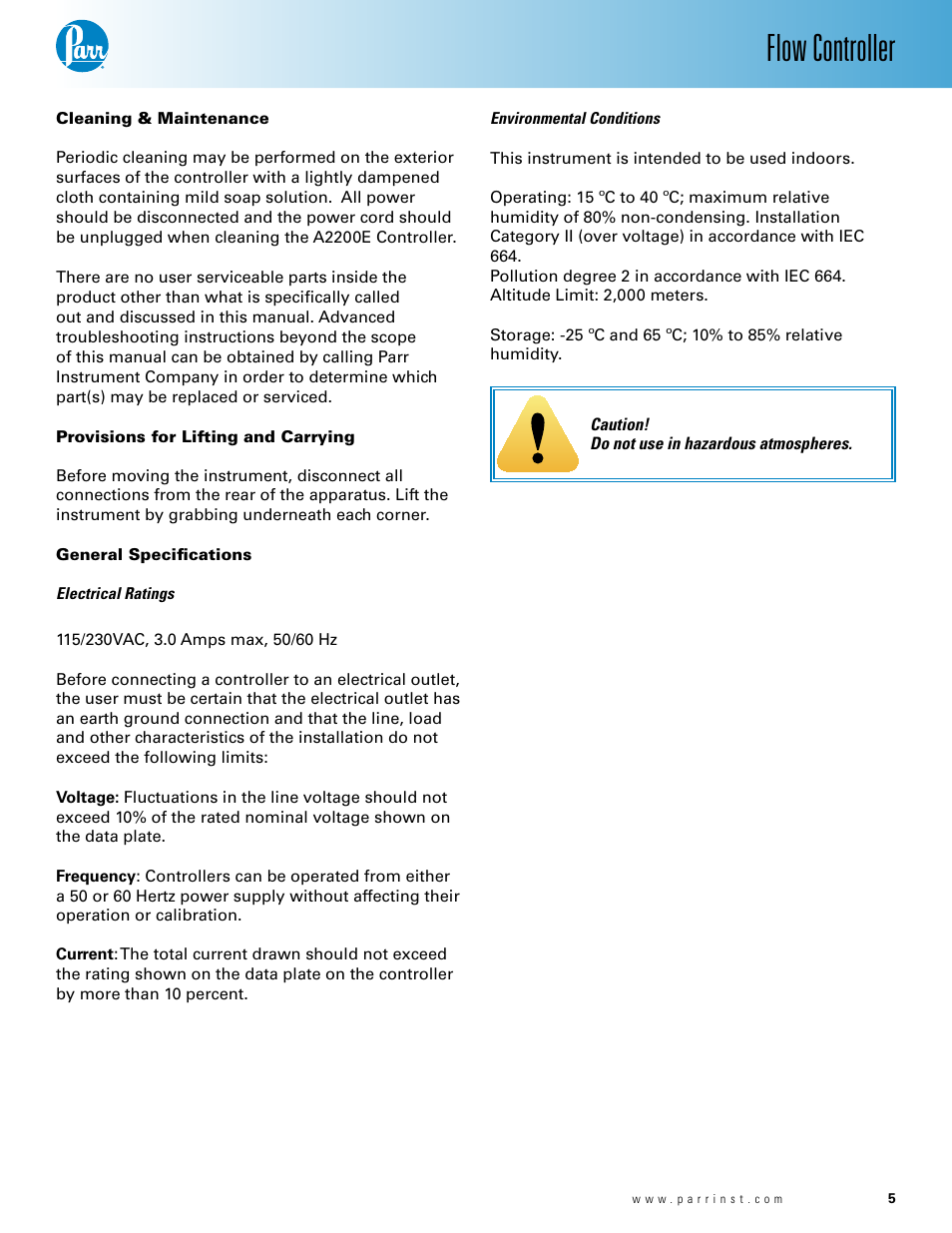 Cleaning & maintenance, Provisions for lifting and carrying, General specifications | Electrical ratings, Environmental conditions, Electrical ratings— 5 environmental conditions— 5, Flow controller | Parr Instrument Model A2200E User Manual | Page 5 / 11