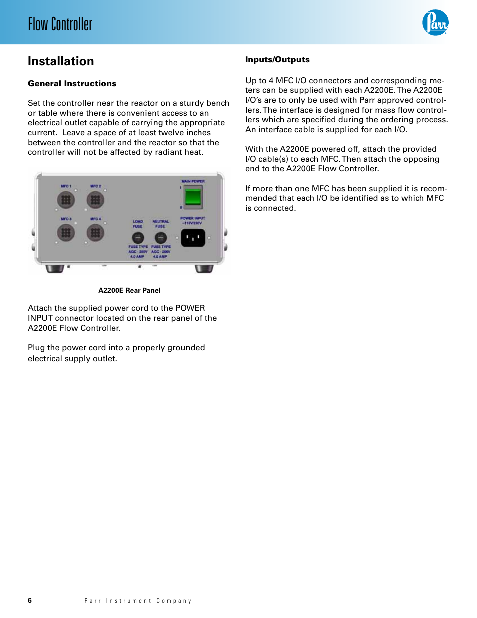 A2200e rear panel, Installation, General instructions | Inputs/outputs, General instructions — 6 inputs/outputs — 6, A2200e rear panel — 6, Flow controller | Parr Instrument Model A2200E User Manual | Page 6 / 11