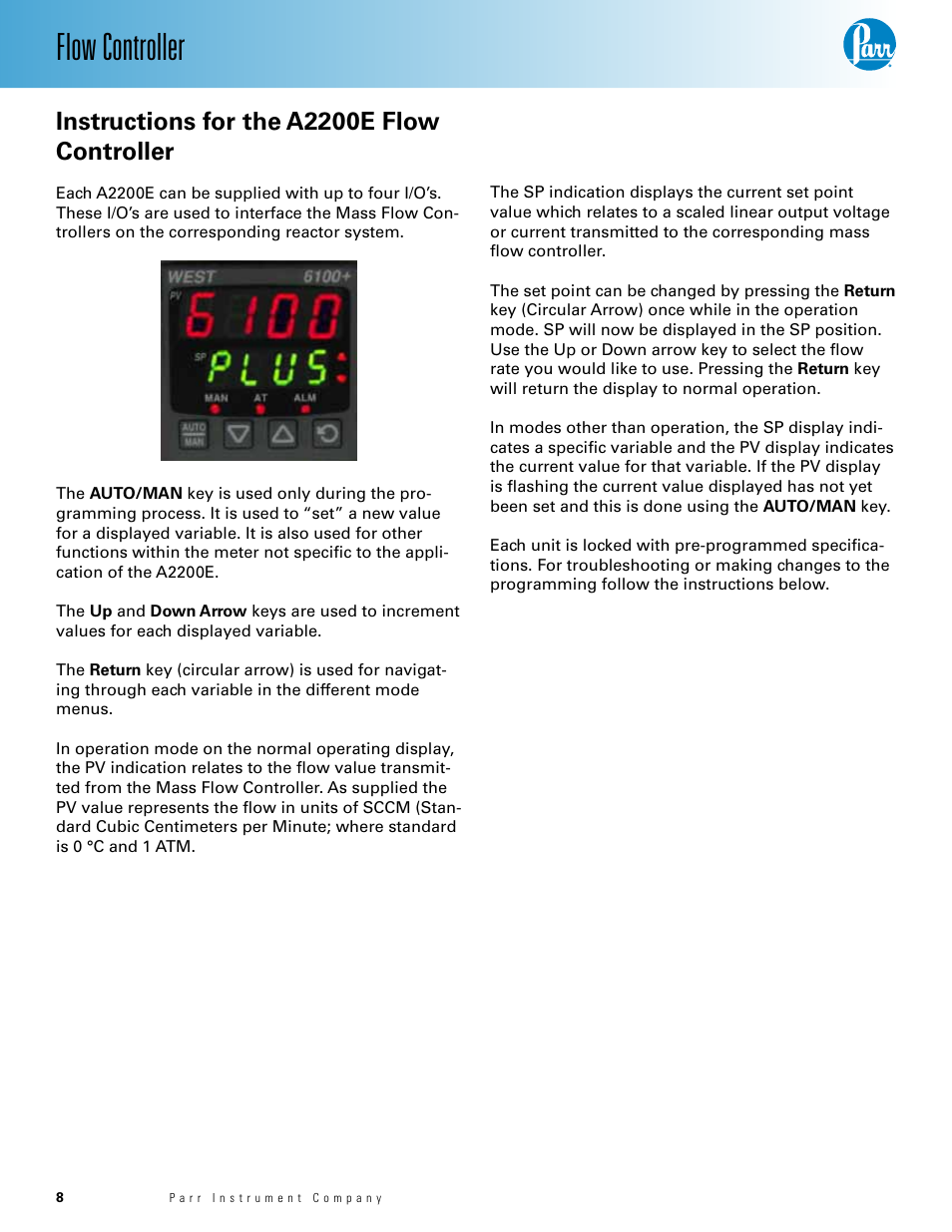 Instructions for the a2200e flow controller, Flow controller | Parr Instrument Model A2200E User Manual | Page 8 / 11