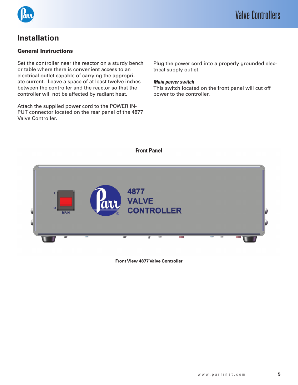 Installation, Valve controllers | Parr Instrument Valve Controller User Manual | Page 5 / 8