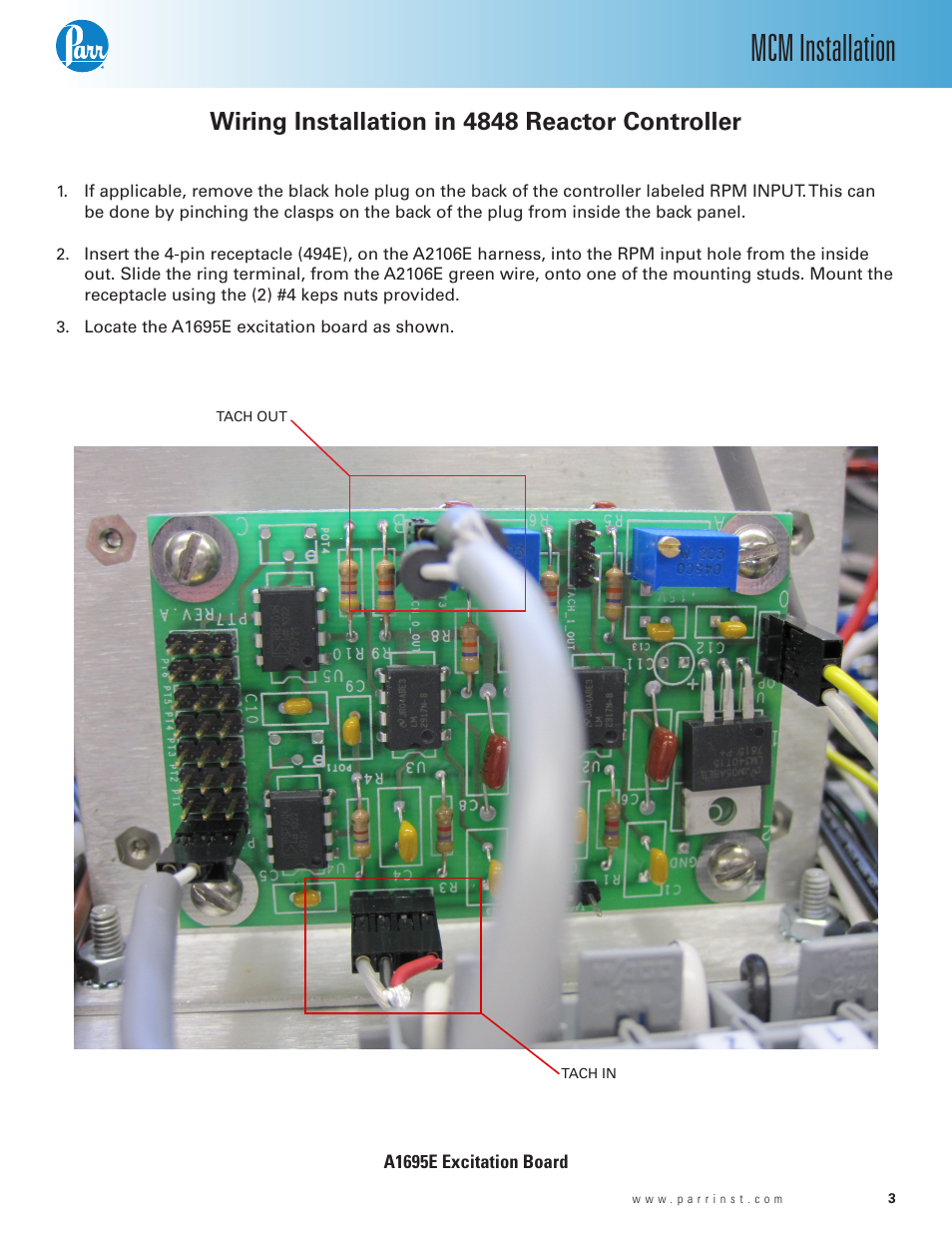 Mcm installation, Wiring installation in 4848 reactor controller | Parr Instrument Motor Control Module (MCM) User Manual | Page 3 / 8