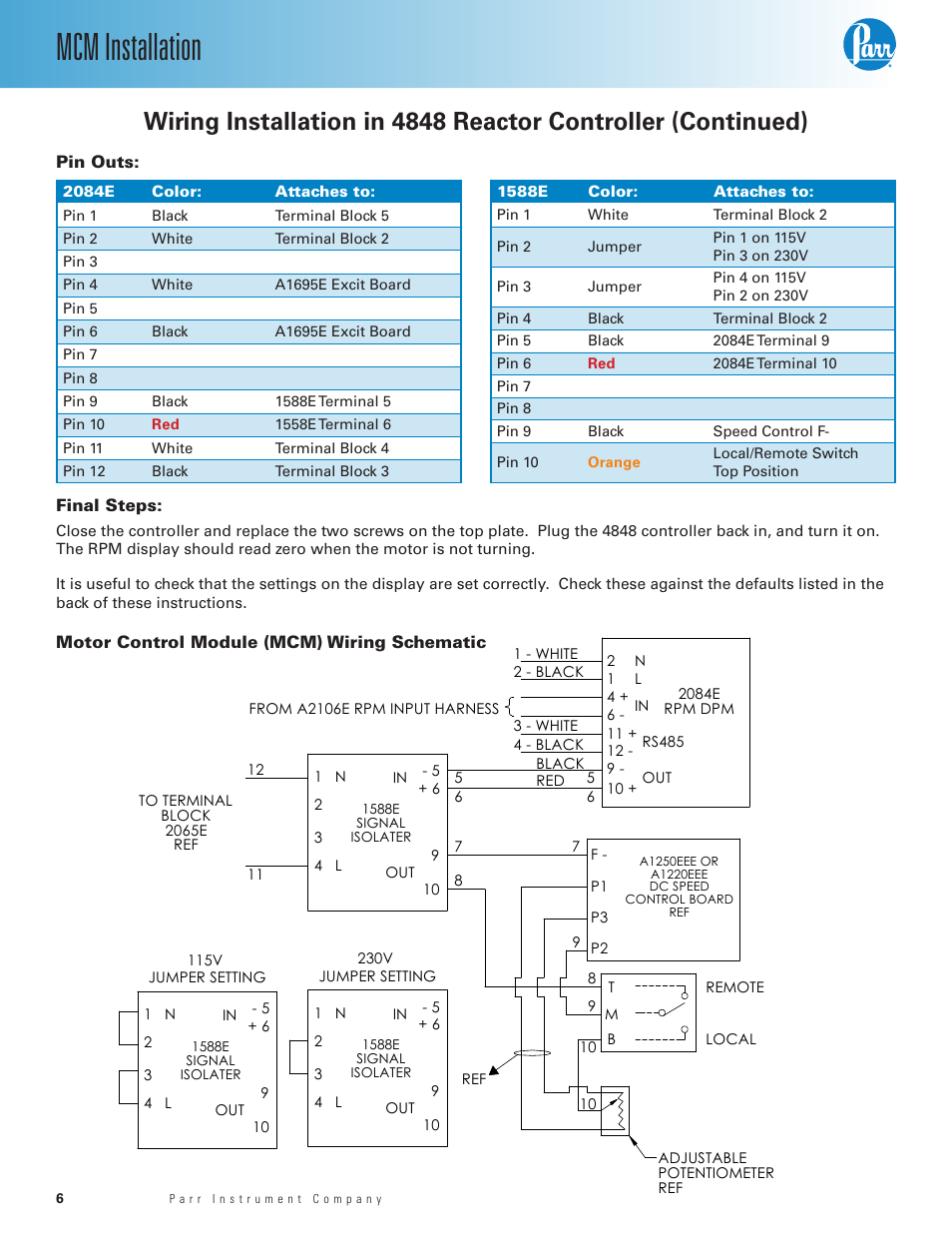 Mcm installation | Parr Instrument Motor Control Module (MCM) User Manual | Page 6 / 8