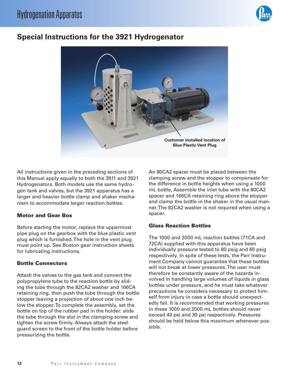 Special instructions for the 3921 hydrogenator, Motor and gear box, Bottle connectors | Glass reaction bottles, Hydrogenation apparatus | Parr Instrument Series 3900 User Manual | Page 12 / 36