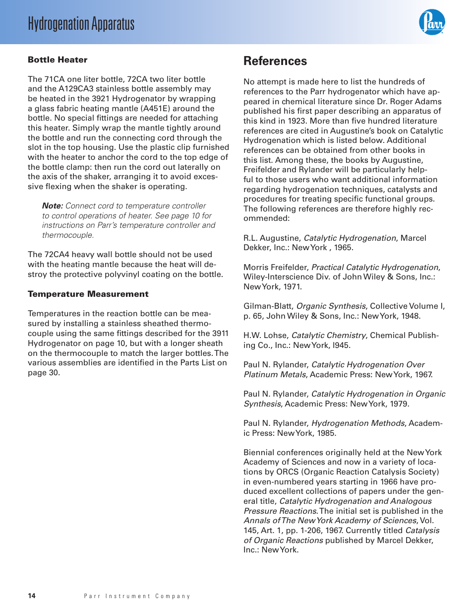 Bottle heater, Temperature measurement, References | Hydrogenation apparatus | Parr Instrument Series 3900 User Manual | Page 14 / 36