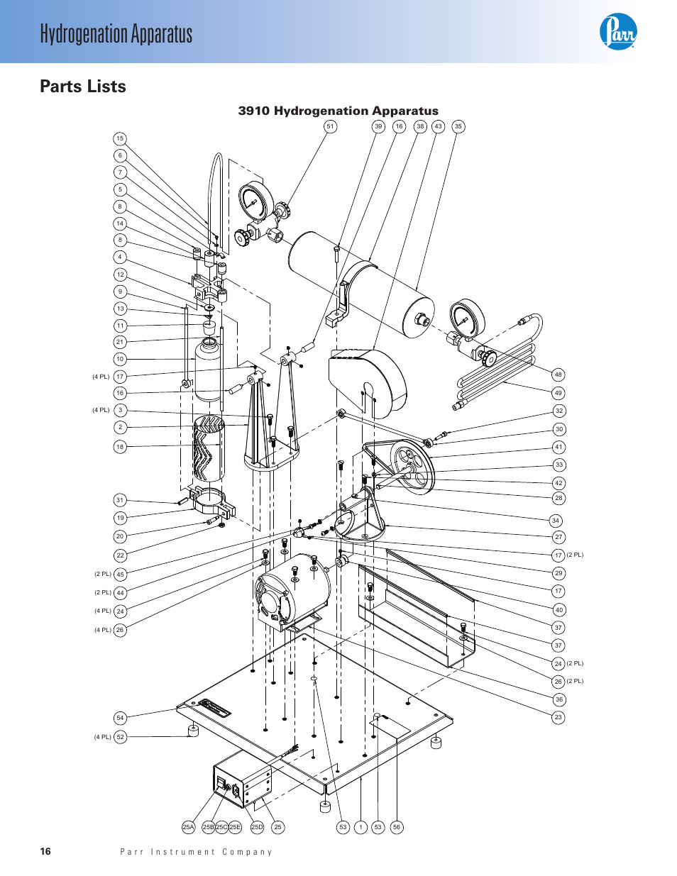 Parts lists, 3910 hydrogenation apparatus, Hydrogenation apparatus | Parr Instrument Series 3900 User Manual | Page 16 / 36