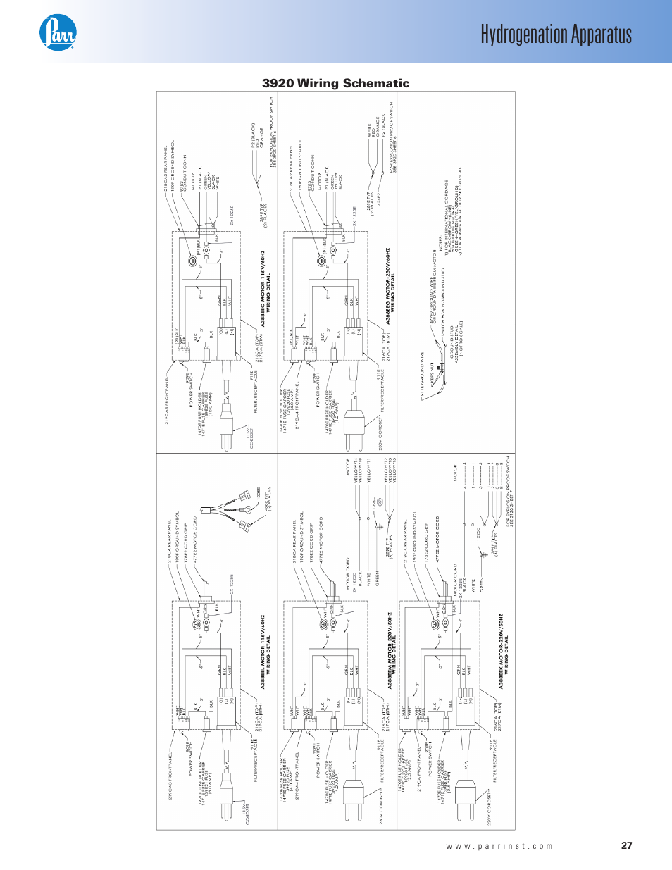 3920 wiring schematic, Hydrogenation apparatus | Parr Instrument Series 3900 User Manual | Page 27 / 36