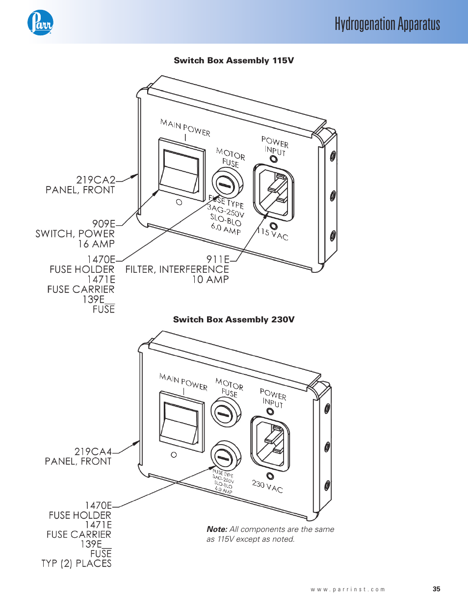 Switch box assembly 115v, Switch box assembly 230v, Hydrogenation apparatus | Parr Instrument Series 3900 User Manual | Page 35 / 36